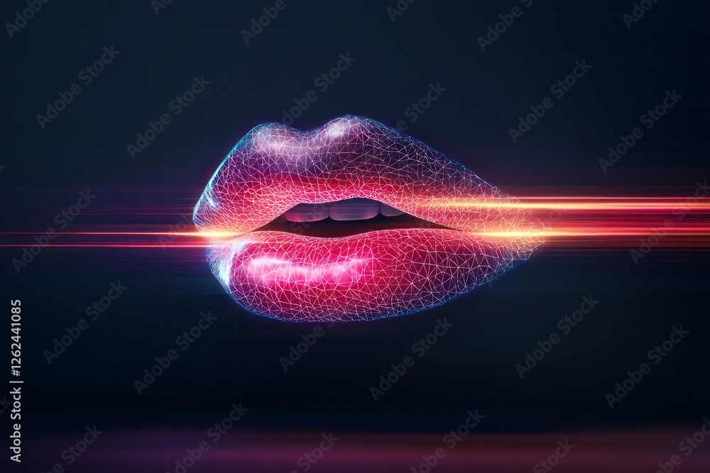 Poster an abstract piece showing lips made of luminous polygons, glowing with alternating pulses of neon
