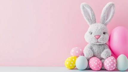 Obraz premium Cute Bunny with Large Ears Sitting Next to Brightly Colored Eggs