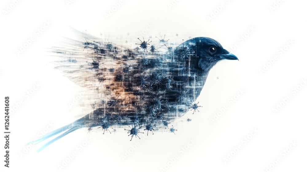 Aufkleber dissolving silhouette of a bird blending with abstract digital elements and light effects