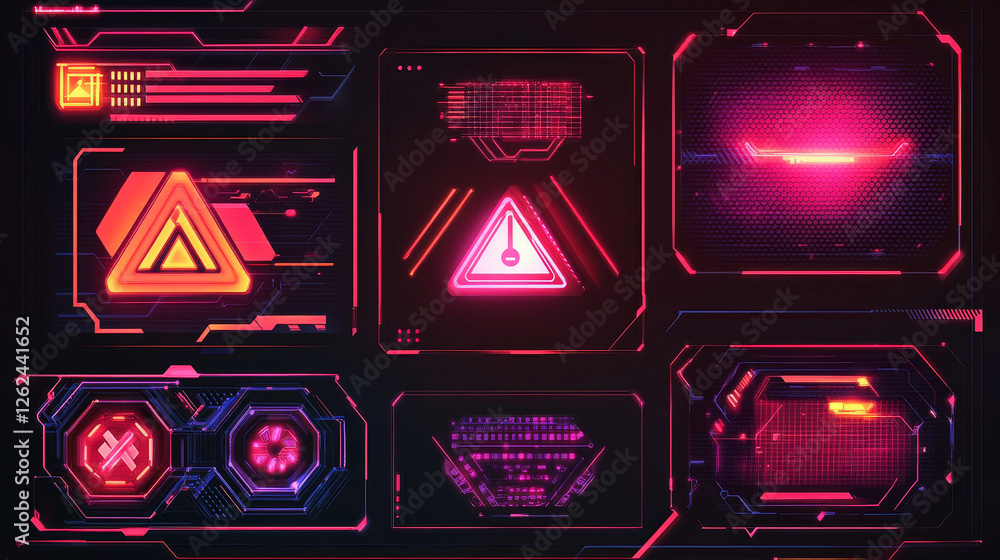 Poster hud red warning frames, futuristic game screen borders and danger signs, vector ui interface. hud fu