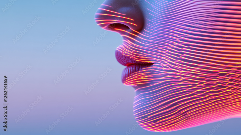 Poster a captivating side-profile of a face traced in softly flickering neon lines, evoking an advanced