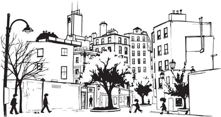 Obraz premium City landscape. Different buildings on street, outline cityscape hand sketch, flat houses. Hand drawn vector illustration