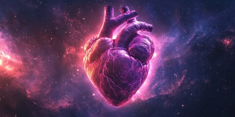 Glowing anatomical heart floats amidst cosmic dust and shining stars