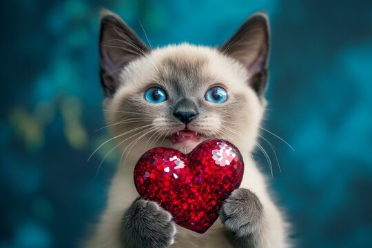 Burmese - my desired cat. Digital ads concept. Cute burmese kitty with sparkling rhinestones red heart - sign of love, funny greeting card. Heart-shaped love pet. Kitten gift idea. Fluffy cat.