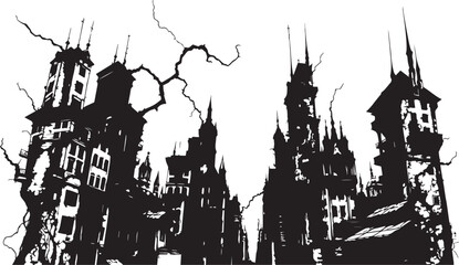 Obraz premium City landscape. Different buildings on street, outline cityscape hand sketch, flat houses. Hand drawn vector illustration