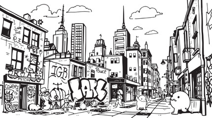 City landscape. Different buildings on street, outline cityscape hand sketch, flat houses. Hand drawn vector illustration