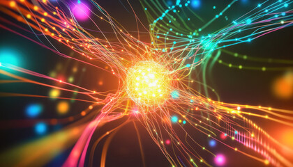 Fototapeta premium Bright colorful fiber optics cables transferring big data information through futuristic network hub