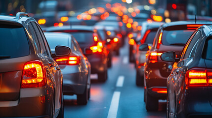 Congestion crowded cars road traffic street. Busy street vehicle congestion transport car traffic jam rush highway city life. Congestion car moving slowly on road city traffic concept. Evening commute