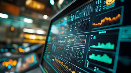 Obraz premium Futuristic Financial Trading Floor with AI Powered Market Dashboards and Analytics