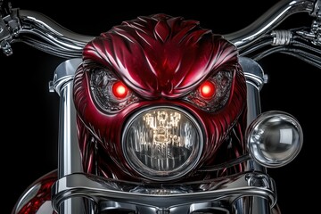 A red motorcycle with a skull on the front headlight