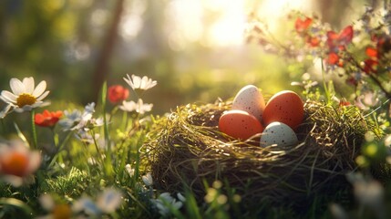 Colorful Easter Eggs Nestled in Natural Grass and Flowers