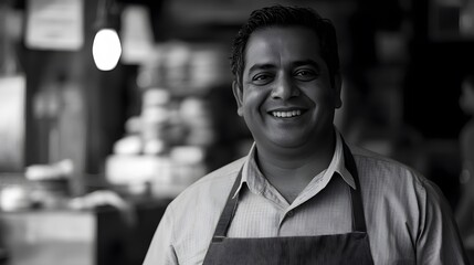 Fototapeta premium Smiling vendor in uniform, exuding warmth and professionalism in a simple portrait