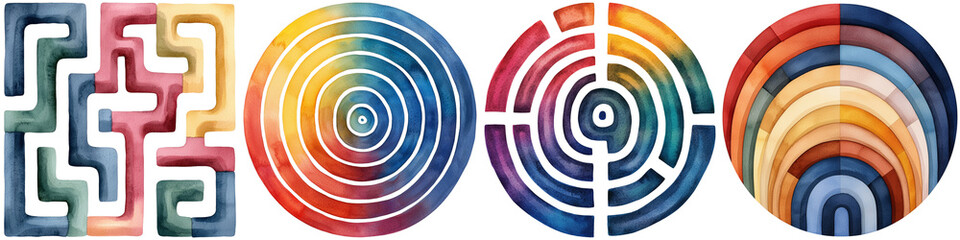 Naklejka premium Manifest vision and watercolor, The image features a series of colorful geometric patterns, including mazes and circular forms, showcasing vibrant and intricate designs.