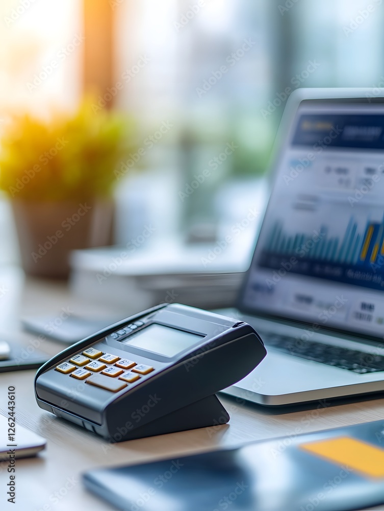 Poster Modern Workspace with Payment Terminal Displaying Real Time Financial Summaries for Small Business