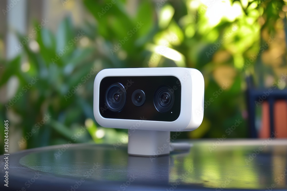 Aufkleber motion detection camera on a table in a garden setting with lush greenery