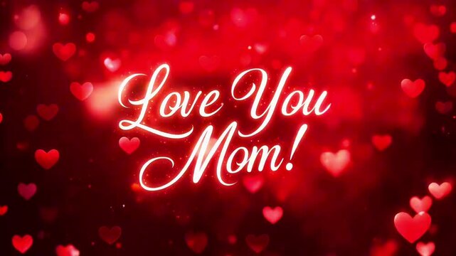 Glowing message surrounded by red hearts for mother's day celebration with text Love You Mom greeting card motion shining background