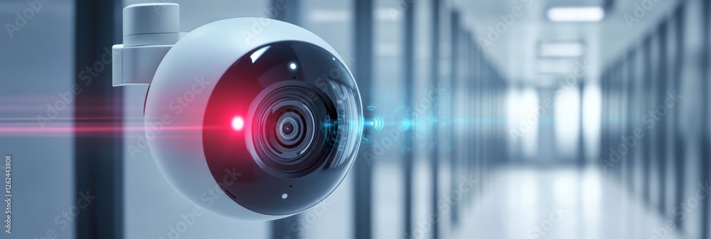 Poster high-resolution video camera with motion detection monitoring a modern hallway environment