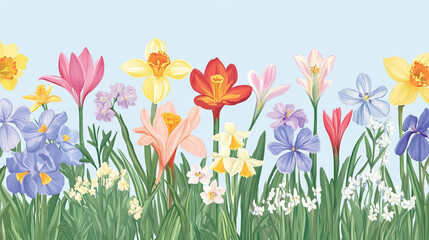 Spring Time is coming design of crocuses and daffodils for vector greeting card. Floral design of springtime flowers bunch. Bloomin spring nature blossoms of snowdrops and irises with butterfly