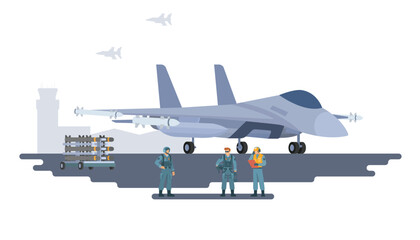 Vector illustration of military fighter jet aircraft on ground. Fully editable vector elements © Lemonstocks