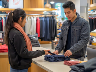 Cashier Processes a Return at a Retail Store During Busy Shopping Hours
