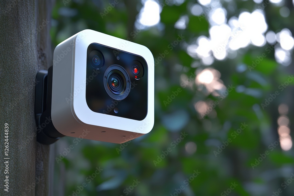 Poster compact motion detection camera mounted on a tree capturing outdoor activity at dusk