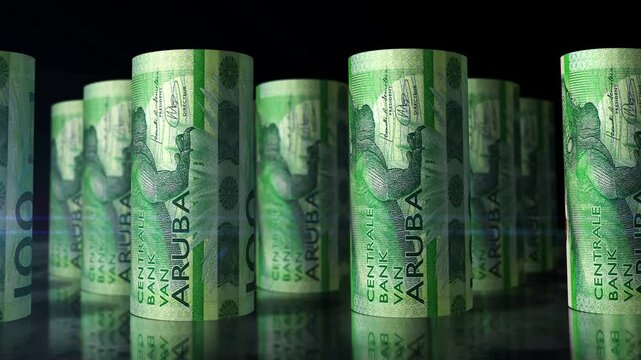 Aruba money Aruban florin rolls loop 3d. Camera moving in front of 100 AWG rolling banknotes. Seamless loopable concept of economy, finance, business and debt.