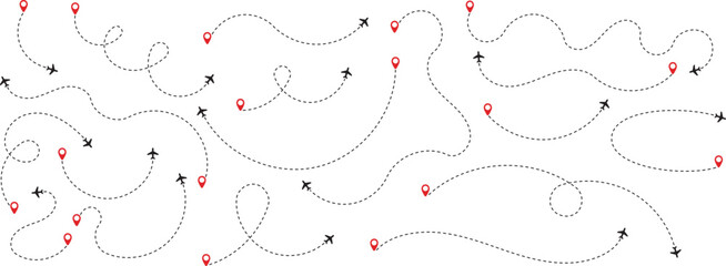 A set of airplane silhouettes with dotted flight paths, representing travel routes and aviation movement. Perfect for flight-related designs, trip planning concepts, and air travel graphics