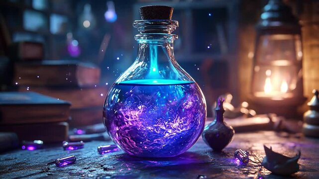 Mystical potion in a glass bottle, glowing enchantingly on a wooden table surrounded by ancient books and candles at dusk