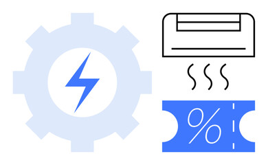 Gear with lightning bolt, air conditioner emitting heat, and discount coupon. Ideal for promotions, ads, energy-saving awareness, HVAC services, cost reduction, eco-friendly technologies and summer