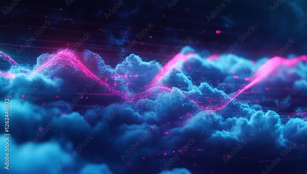 Poster abstract data flow visualization: neon waves across digital cloudscape, futuristic technology concep