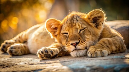 Obraz premium Peaceful Lion Cub Resting in the Warm Sunlight Outdoors
