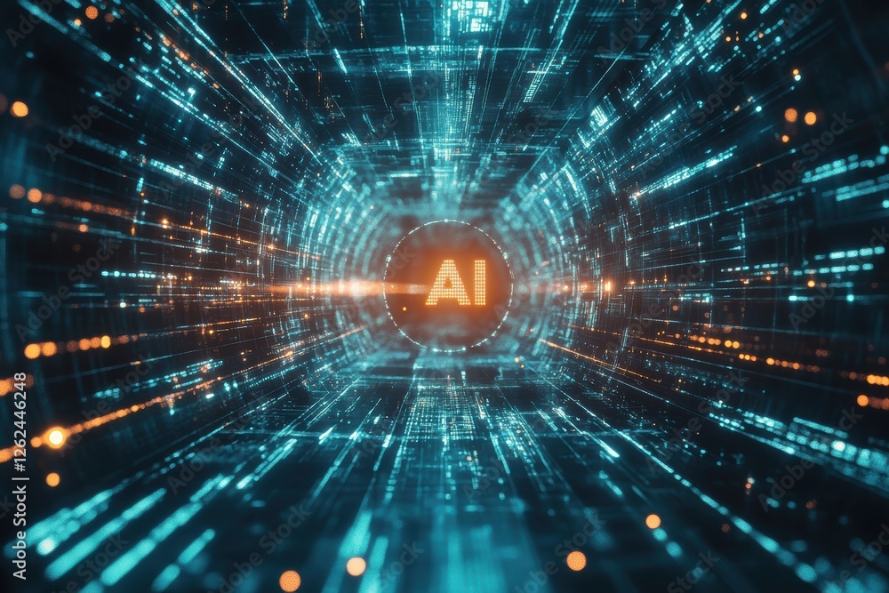 Poster exploring the depths of artificial intelligence in an abstract digital tunnel