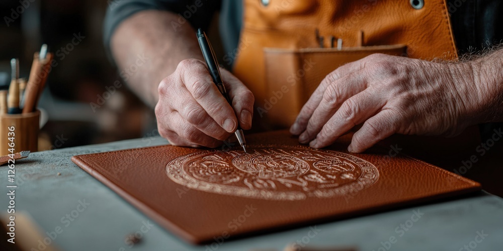 Poster handicrafts carving technique concept. artisan crafting intricate leather design with tools on a wor