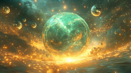 Ethereal orbs illuminate a serene, otherworldly vista across the infinite expanse