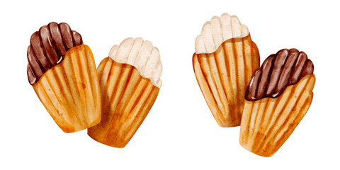 French Madeleine Cookies – Watercolor Illustration of Tasty Yellow Pastry in a Clip Art Set