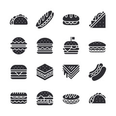 A collection of food icons including a hot dog, a sandwich, a hamburger