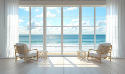 Fototapeta premium Serene Beach House with Wide Windows Framing a Stunning View of the Ocean