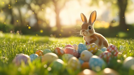 Playful Bunny Hopping Around a Pile of Colorful Easter Eggs