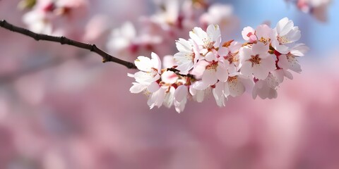 Delicate pink and white cherry blossoms sway gently in a soft breeze, creating a serene and beautiful springtime scene.