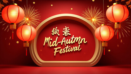 Festive Mid-Autumn Festival banner with glowing lanterns and fireworks