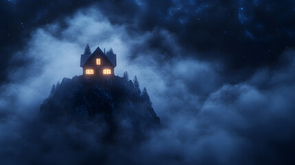 Imagine a magical chalet that stands and glows with a mystical aura in a serene winter landscape.
