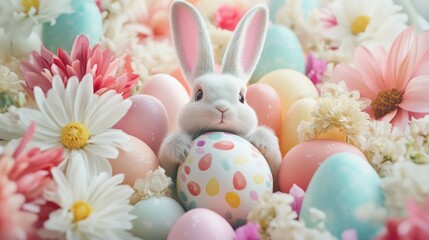 Adorable Bunny Surrounded by Colorful Easter Eggs and Flowers