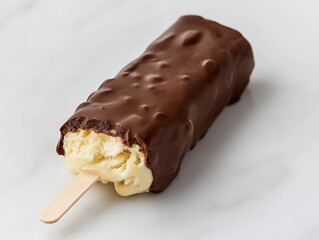 Chocolate-covered ice cream bar with crispy shell, perfect for a refreshing and tasty dessert experience