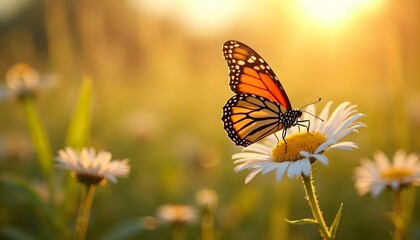 Fototapeta premium A orange butterfly is positioned on a daisy flower, enveloped by a lush spring meadow, emphasizing the vibrancy of the season