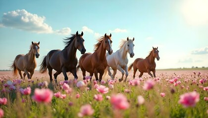 Obraz premium A herd of horses charging through a colorful spring meadow, demonstrating their power and elegance in the verdant field