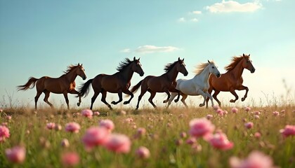 Fototapeta premium A number of horses joyfully dashing across a lush meadow, reflecting the essence of spring in a scenic setting