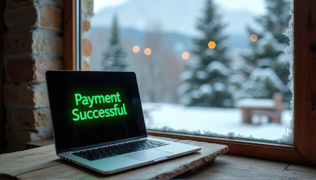 Laptop on a wooden table with payment successful text in green screen winter landscape background ideal for online shopping and e-commerce