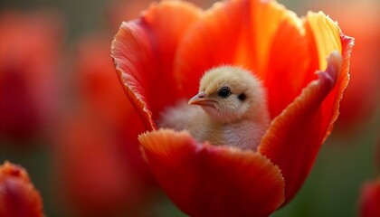 Obraz premium A baby chick nestled in a vibrant tulip, surrounded by a lush spring meadow