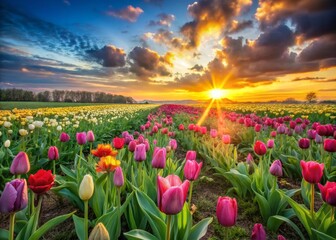 Fototapeta premium Vibrant Spring Meadow: Colorful Tulip Field at Sunrise