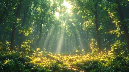 Obraz premium Sun Rays Forest, Magical Green Woods